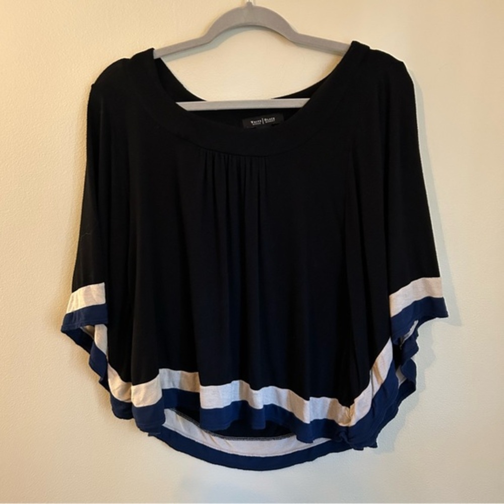 WHBM Poncho Shirt Women's M Black White 3/4 Sleeve Blouse Rayon Blend Stretch